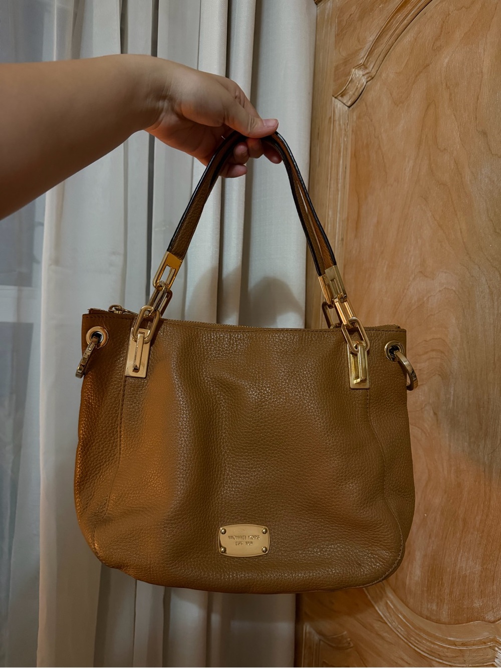 Michael Kors Brown Pebbled Leather Shoulder Bag with Gold Hardware